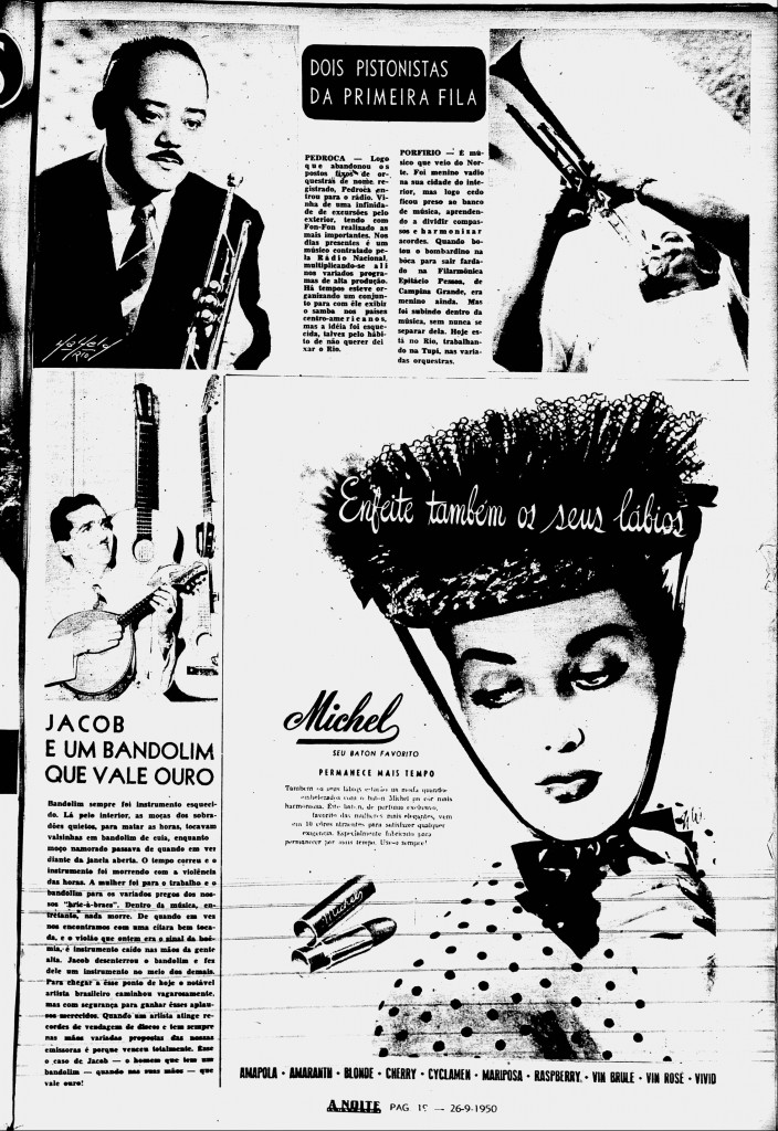 Nota falando do protagonismo que Jacob estava dando ao bandolim com sua atuação musical. 'A Noite Ilustrada', suplemento do Jornal 'A Noite' de 26 de setembro de 1950