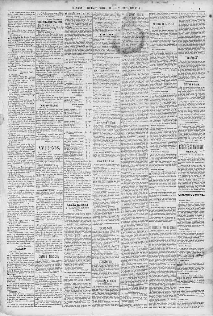 Ernesto Nazareth é citado na coluna Cinematographos do jornal o Paiz, em 11 de agosto de 1910, um ano depois de ter começado a trabalhar na sala de espera do cinema.