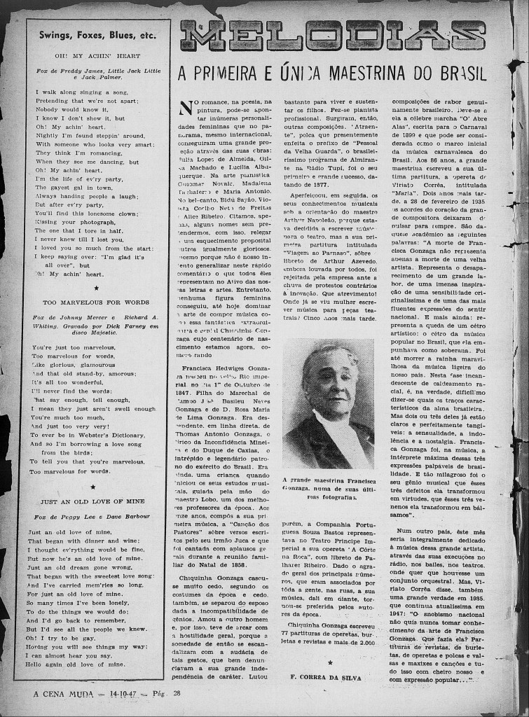 A Cena Muda de 14 10 1947 traz matéria especial sobre Chiquinha Gonzaga.