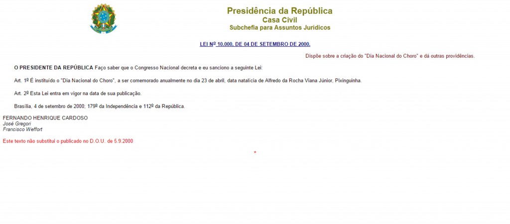 lei N. 10.000 dia nacional do choro print. 2